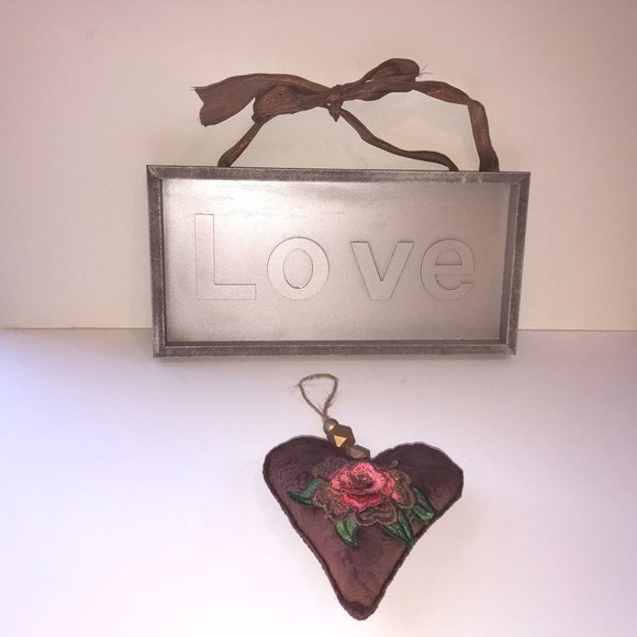 Wood LOVE Sign Champagne Color and Fabric Heart Ornament with Pink Rose Gold Fl - Picture 2 of 4